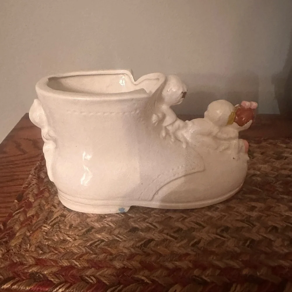 Vintage White Ceramic Baby Shoe with Pink and Blue Accents - Vintage